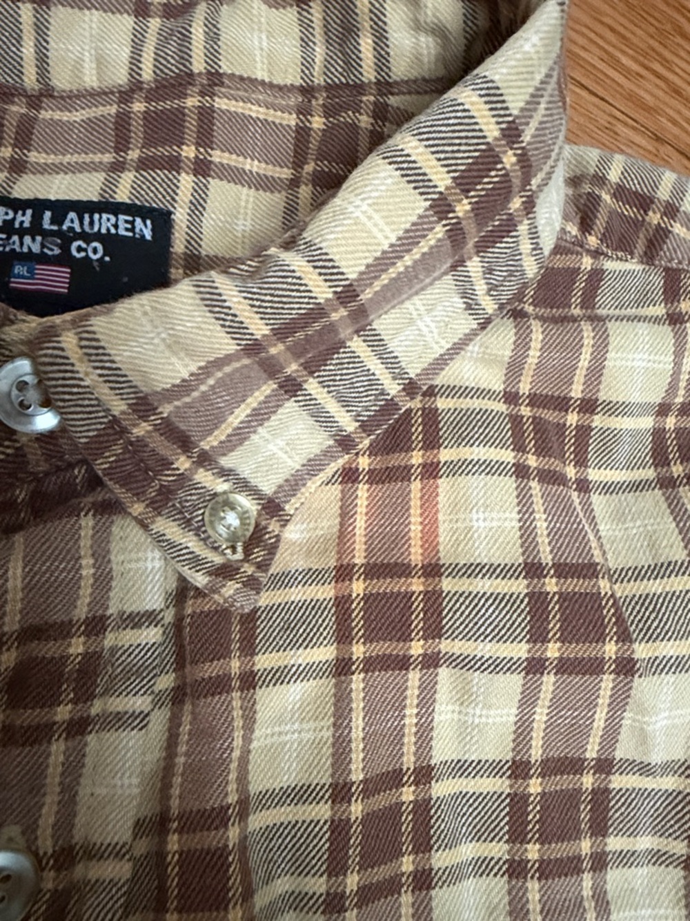 VTG Ralph Lauren XL Jean Company Black Label Beige and Brown Plaid Button-Down - Picture 5 of 9